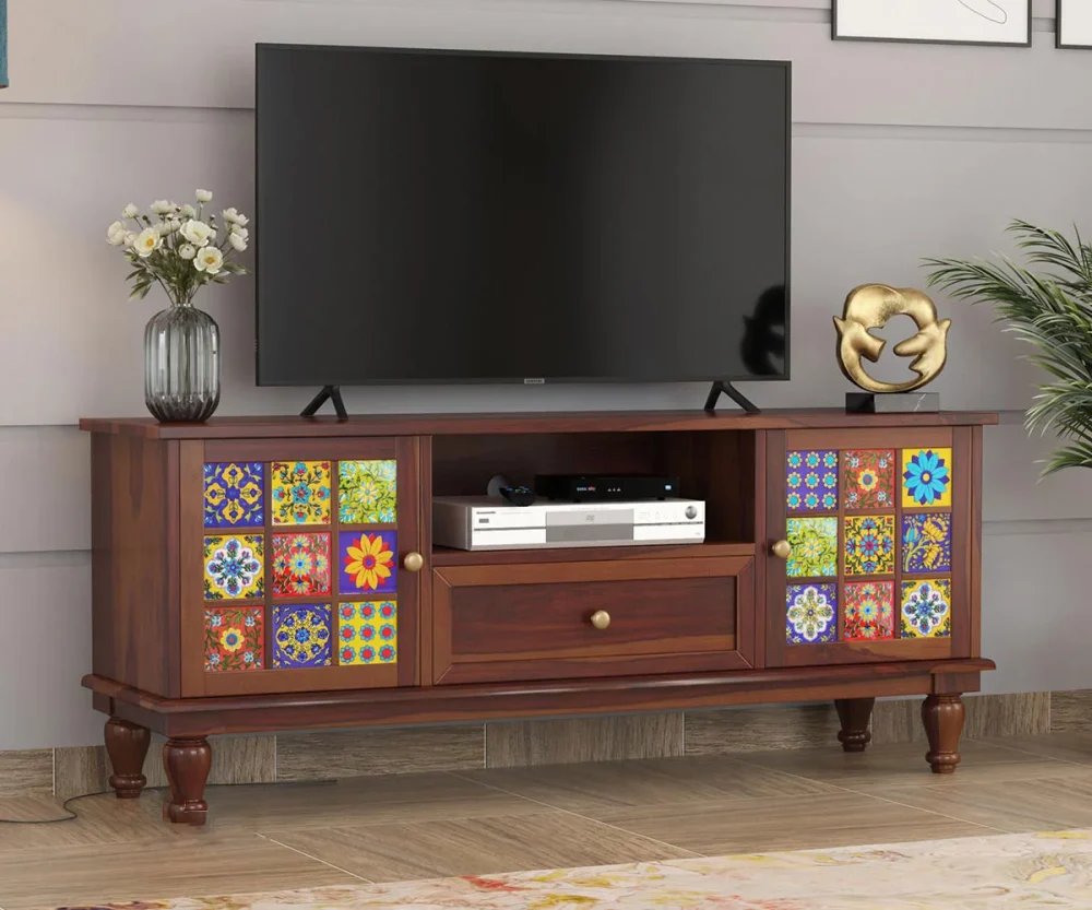 Sheesham Wood Tv Cabinet with Tiles and Storage Heritage Artisan Essence (Brown finish)